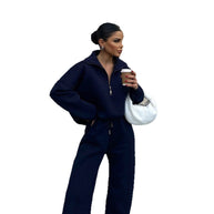 Damen bequemer Fleece-Athleisure-Anzug mit Stehkragen und Reißverschluss WW