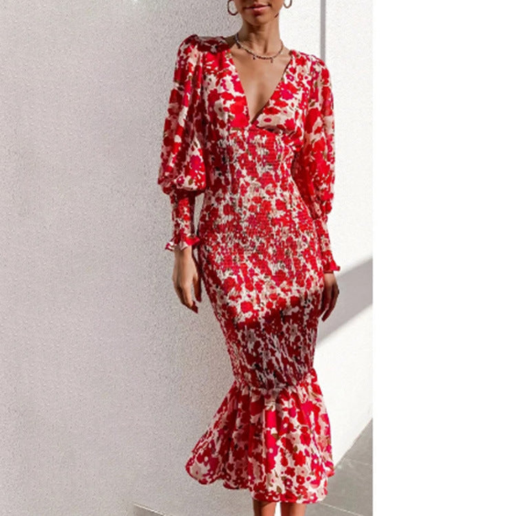 Damen Blütenmuster Kleid mit voluminösen Ärmeln WW