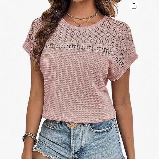 Damen kurzärmliges Strickoberteil mit dekorativem Lochmuster WW