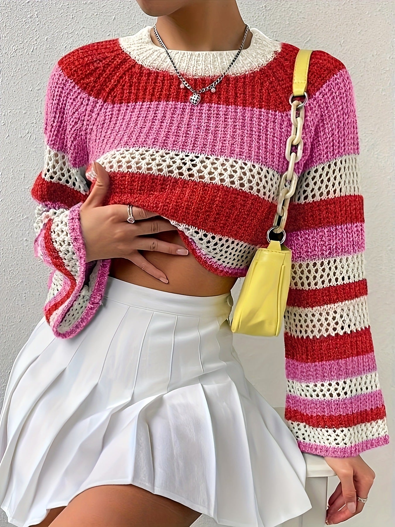 Damen Strickpullover mit verspieltem Lochmuster und bunten Streifen WW