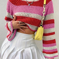 Damen Strickpullover mit verspieltem Lochmuster und bunten Streifen WW