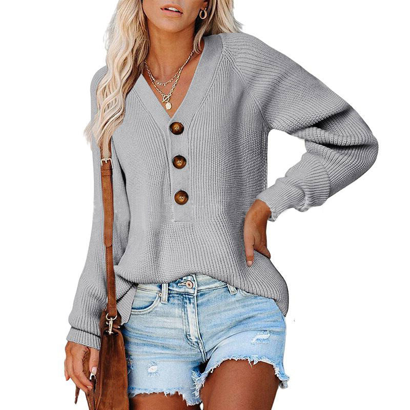 Damen Strickpullover mit V-Ausschnitt und Knopfdetails WW