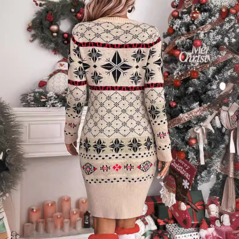 Damen Strickkleid mit festlichem Norweger-Muster und modernem Schnitt WW