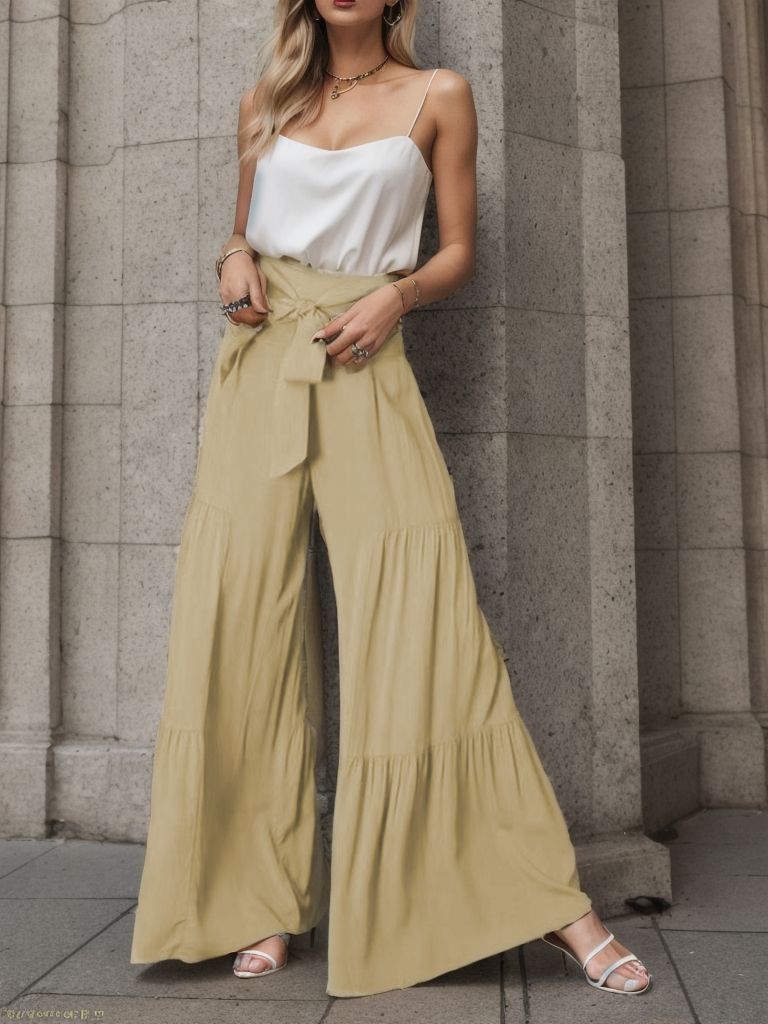 Damen weite High-Waist Hose mit eleganten Falten und Bindegürtel WW