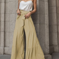 Damen weite High-Waist Hose mit eleganten Falten und Bindegürtel WW