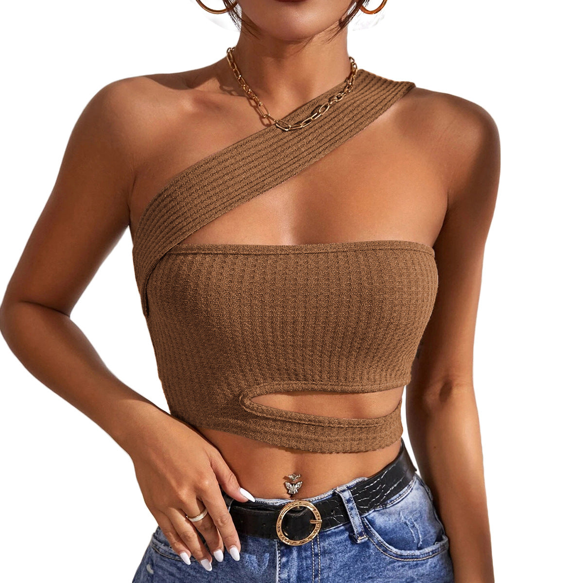 Damen asymmetrisches Crop-Top mit innovativem Cut-Out W&W