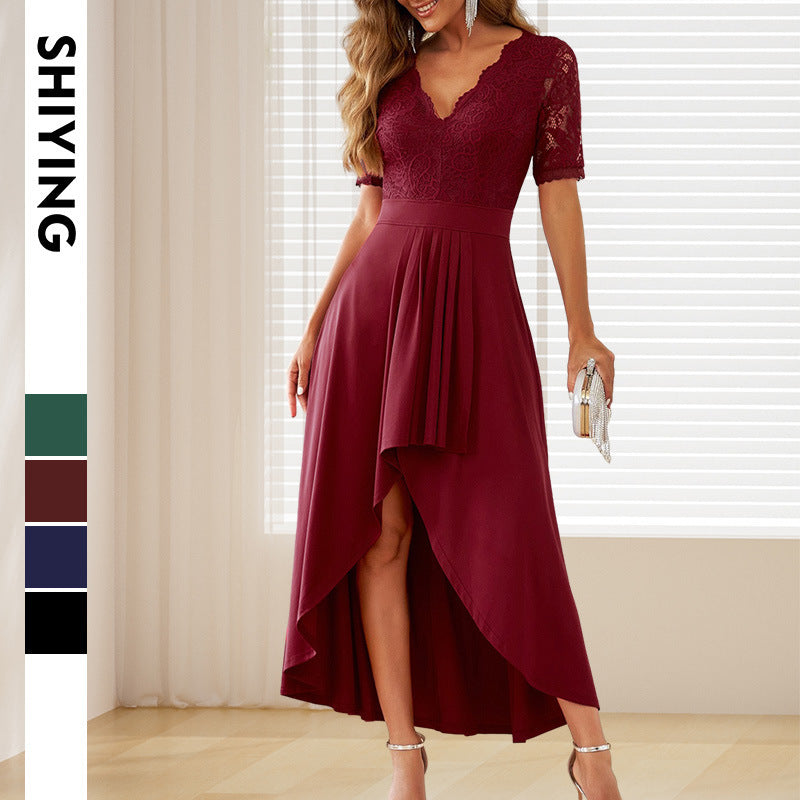 Damen elegantes Abendkleid mit tiefem V-Ausschnitt und gerafftem Rocksaum WW
