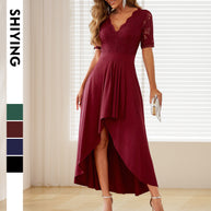 Damen elegantes Abendkleid mit tiefem V-Ausschnitt und gerafftem Rocksaum WW