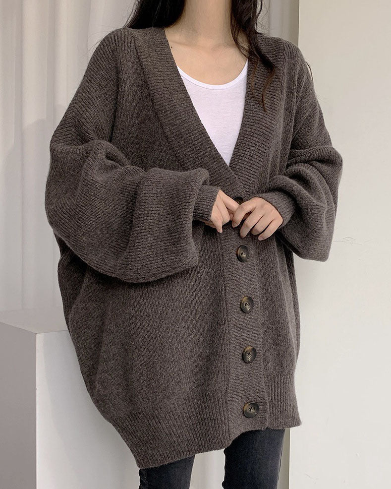 W&W Mode V-Ausschnitt einreihig lockerer Laternenärmel Strickcardigan