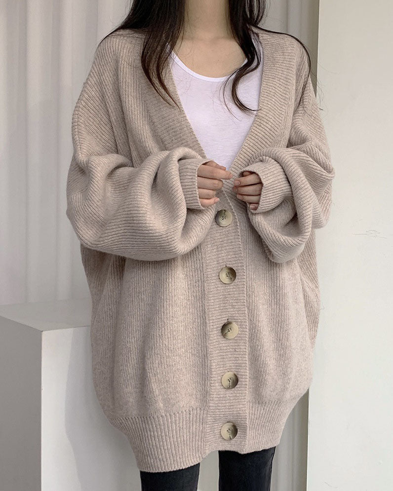 WW V-Ausschnitt einreihig lockerer Laternenärmel Strickcardigan