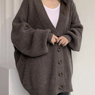 WW V-Ausschnitt einreihig lockerer Laternenärmel Strickcardigan