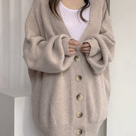 WW V-Ausschnitt einreihig lockerer Laternenärmel Strickcardigan
