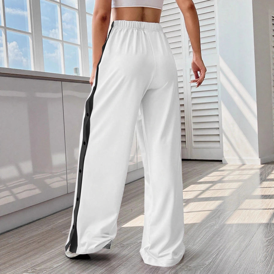 Damen Sportliche Palazzo-Hosen mit seitlichen Druckknöpfen und elastischem Bund WW