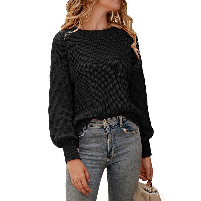 Damen Strickpullover mit strukturierten Puffärmeln und Rundhalsausschnitt WW