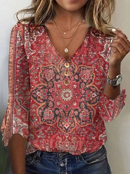 Damen Bohemian bedruckte V-Ausschnitt Bluse mit Knopfdetails WW
