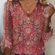 Damen Bohemian bedruckte V-Ausschnitt Bluse mit Knopfdetails WW