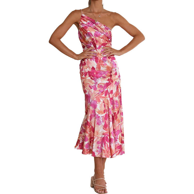 Damen Elegantes Maxikleid mit asymmetrischem Träger und floralem Design WW