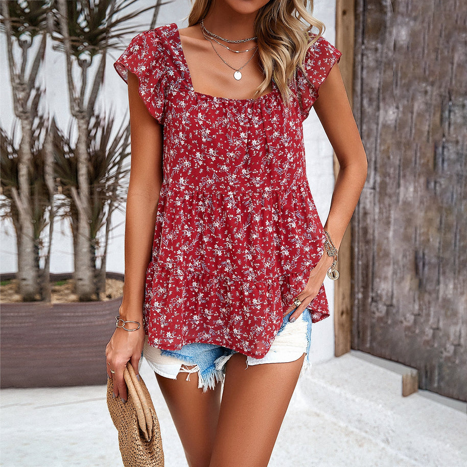 WW | Elegantes Floral Quadratisches Hals Top