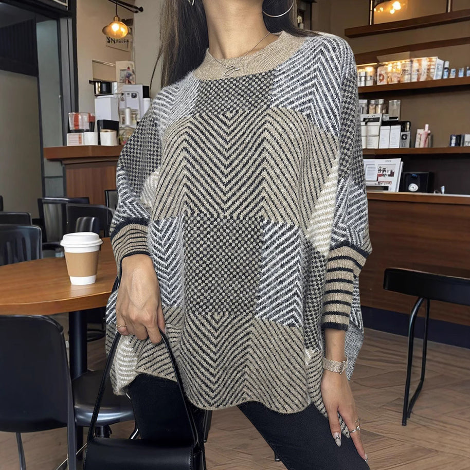 Damen asymmetrischer Strickpullover mit Zickzackmuster WW