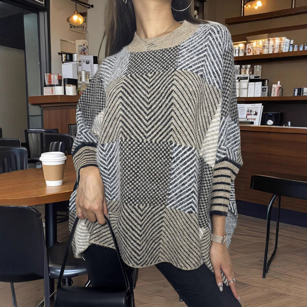 Damen asymmetrischer Strickpullover mit Zickzackmuster WW