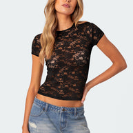 Damen Spitze Oberteil mit figurbetonter Passform und kurzen Ärmeln WW