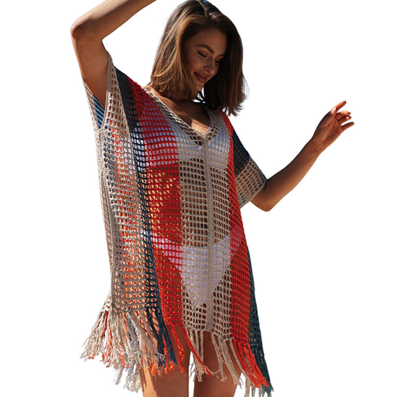 Damen Strandtunika mit modischem Netzdesign und fransenverziertem Saum WW