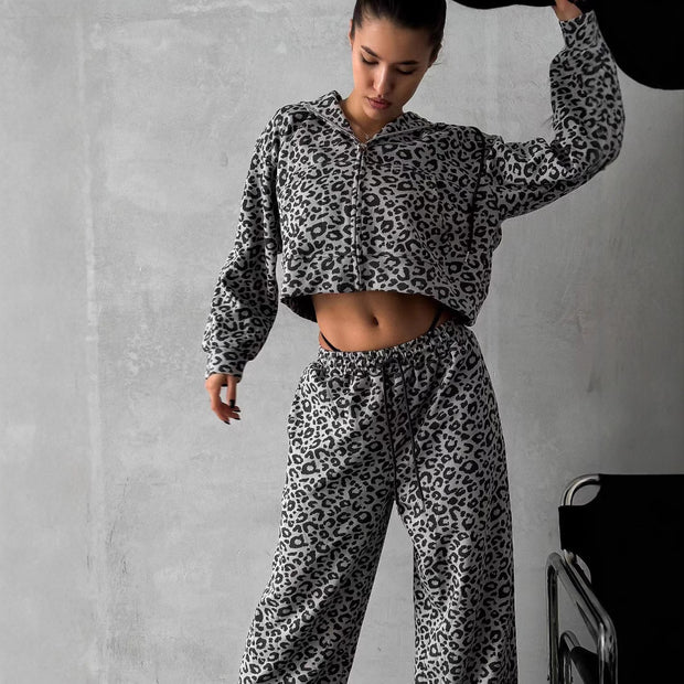 Damen Baumwoll-Loungewear-Set mit Leoparden-Design WW