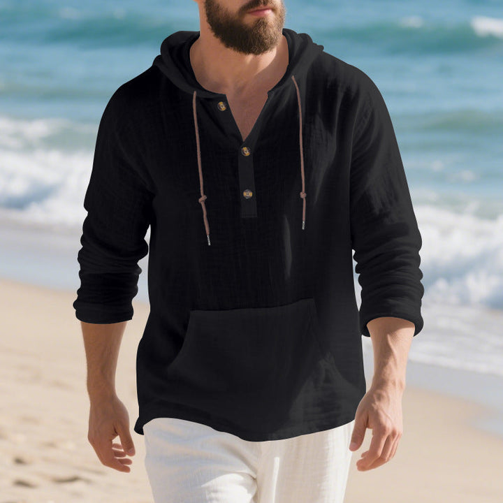 Herren nan leichtes Kapuzen-Henley aus Leinen-Baumwollmix mit Kängurutasche und Knopfleiste W&W Mode