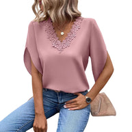 Damen Bluse mit floralen Spitzenapplikationen und eleganten Cut-Out-Ärmeln WW