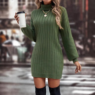 Damen Strickkleid mit hohem Kragen und feinem Rippenmuster WW
