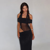 Damen Cocktailkleid mit schulterfreiem Design und raffiniertem Netz-Einsatz W&W