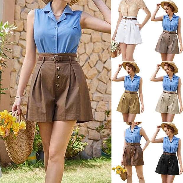 Damen Plissee-Cargo-Shorts mit hohem Bund und dekorativem Gürtel WW