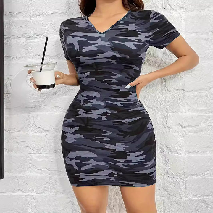 Damen figurbetontes camouflagemuster Kleid mit Kurzarm und V-Ausschnitt W&W Mode