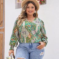 Damen Bluse mit elastischen Puffärmeln und boho-inspiriertem Muster WW