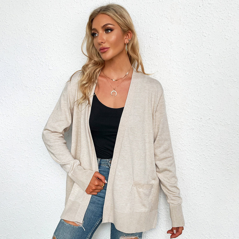 Damen lässiger Strickcardigan mit tiefem V-Ausschnitt und praktischen Taschen W&W