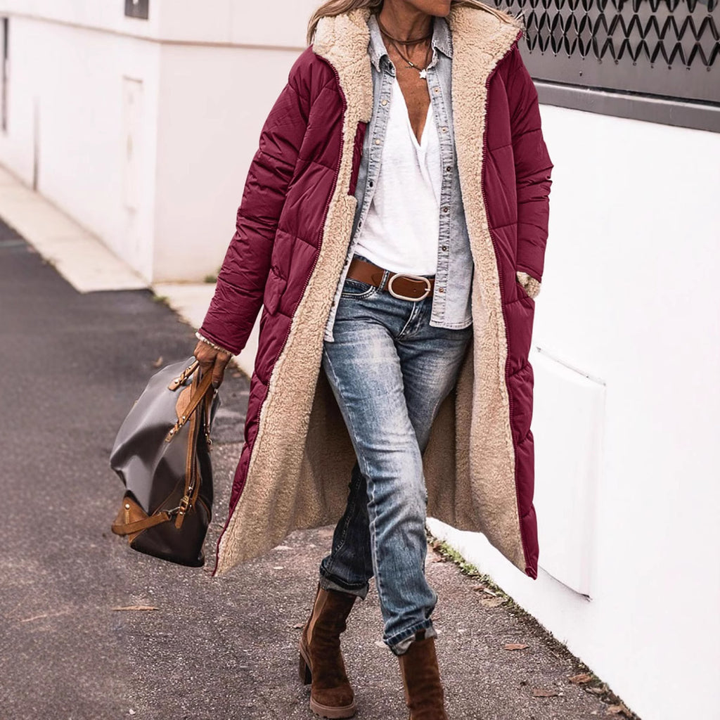 Damen lange Steppjacke mit kuscheligem Teddyfutter und großem Revers WW
