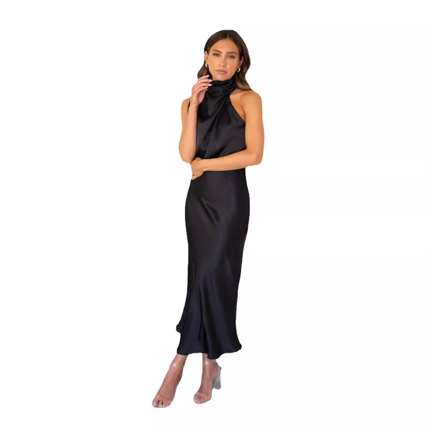 Damen Maxi-Kleid mit asymmetrischem Oberteil und fließendem Satin WW
