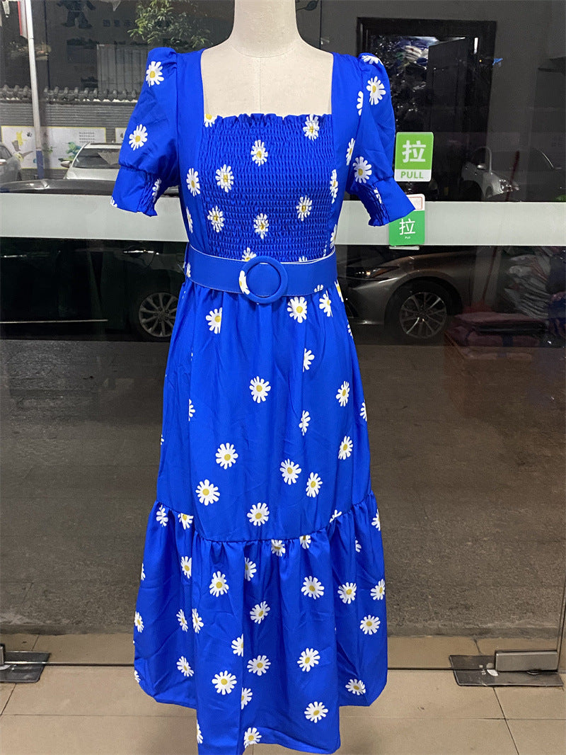 WW | Bedrucktes, taillenbetontes U-Ausschnitt Elegantes Kleid