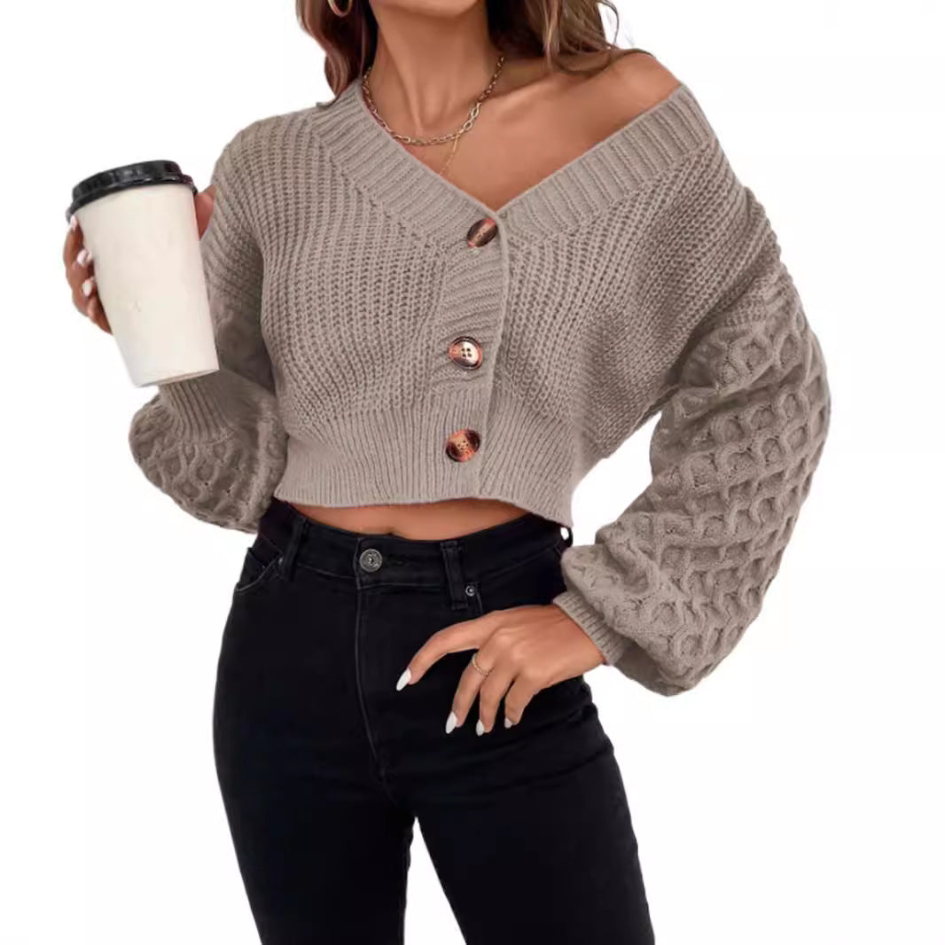 Damen Strickjacke mit tiefem V-Ausschnitt und Puffärmeln WW