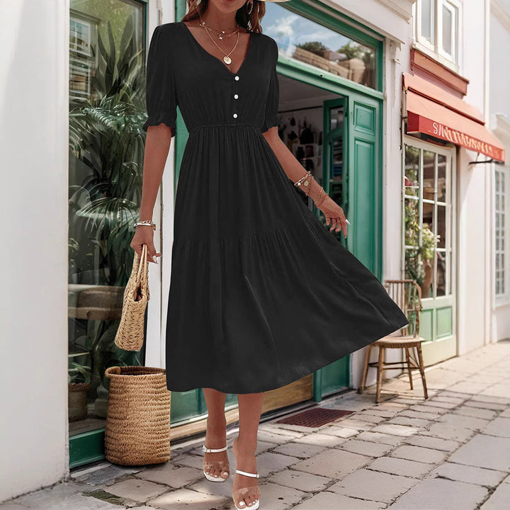 Damen Midi-Kleid mit knöpfbarem V-Ausschnitt und luftigen Puffärmeln W&W Mode