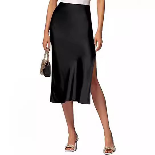 Damen Satin-Midirock mit hohem Schlitz WW