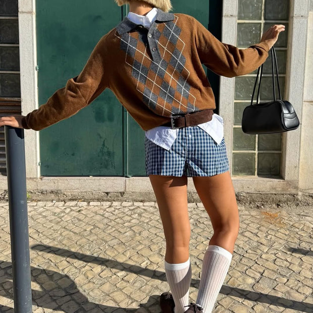 Damen Pullover mit klassischem Polokragen und modernem Rautenmuster WW