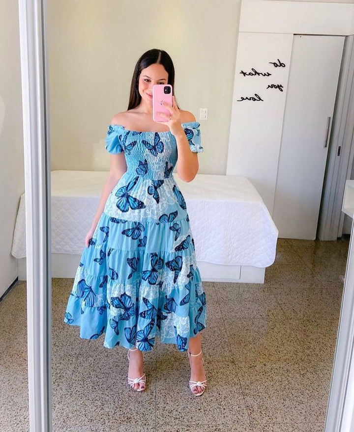 Damen Midi-Kleid mit schulterfreiem Design und verspieltem Schmetterlingsmuster W&W Mode