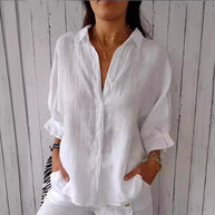 Damen lässige Bluse aus Leinen mit Knopfleiste und seitlichen Taschen WW
