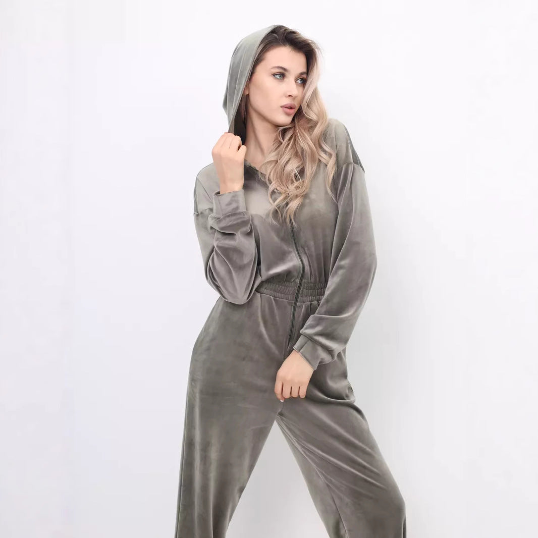Damen sportlicher Fleece-Jumpsuit mit durchgehendem Reißverschluss WW