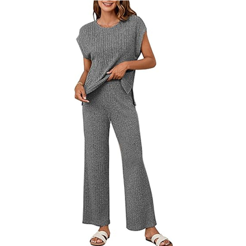 Damen Bequemes Strick-Loungewear-Set mit weiten Ärmeln und lockerer Passform WW