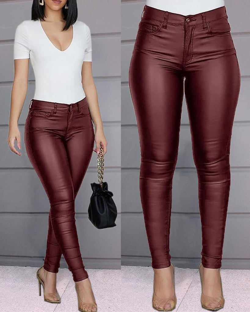 Damen Skinny Jeans aus Kunstleder mit hohem Bund und figurbetonendem Schnitt WW
