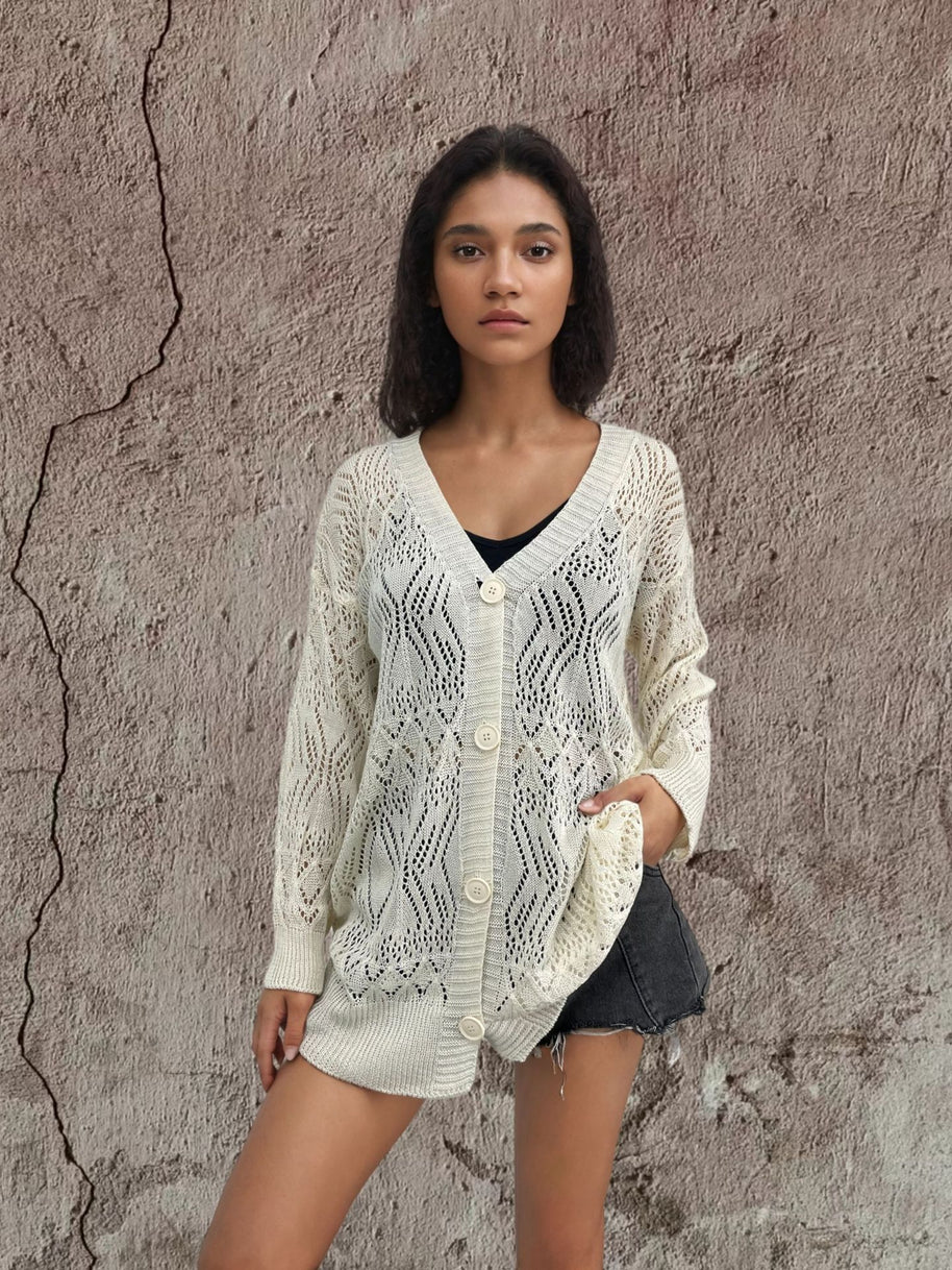 Damen Strickcardigan mit luftigen Mustern und Knopfdetails WW