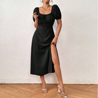 Damen elegantes Maxikleid mit Puffärmeln und seitlichem Schlitz W&W