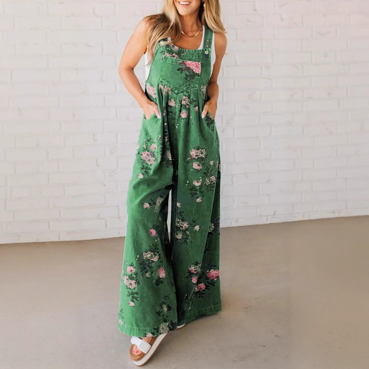 Damen Baumwoll-Overall mit floralem Druck und weiten Beinen WW